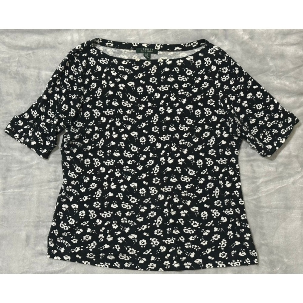 Lauren Ralph Lauren Floral Print Boatneck Top Petite Short Sleeve - L